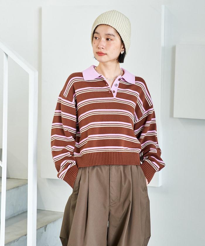 Polo領 條紋 短款 針織上衣