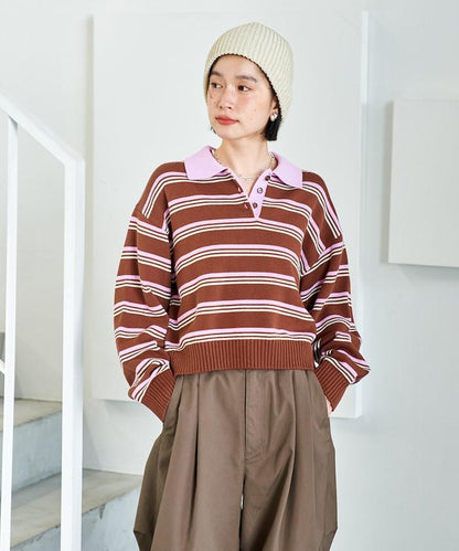 Polo領 條紋 短款 針織上衣