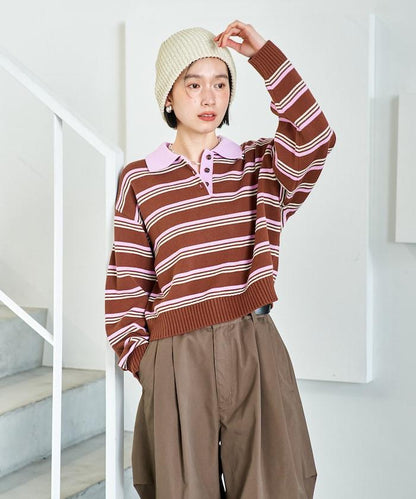 Polo領 條紋 短款 針織上衣