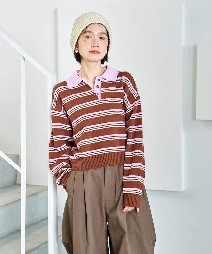 Polo領 條紋 短款 針織上衣