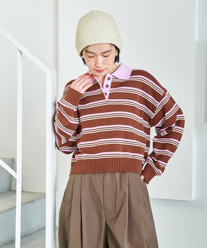 Polo領 條紋 短款 針織上衣