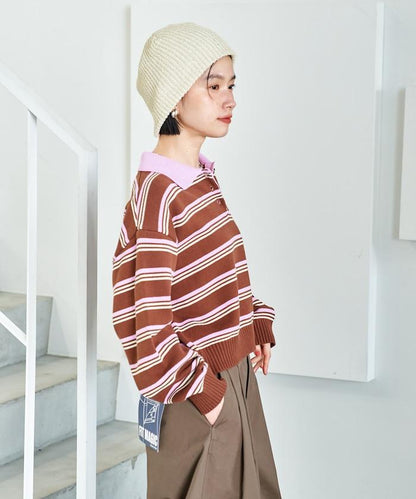 Polo領 條紋 短款 針織上衣
