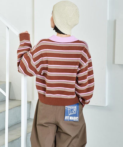 Polo領 條紋 短款 針織上衣
