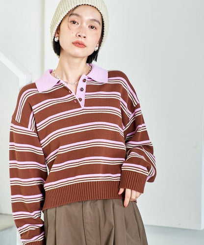Polo領 條紋 短款 針織上衣