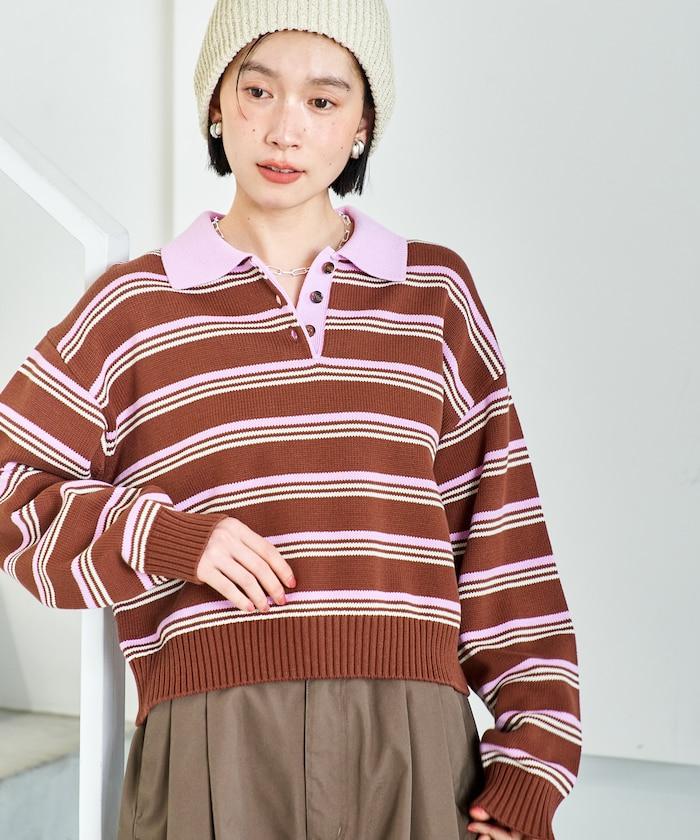 Polo領 條紋 短款 針織上衣