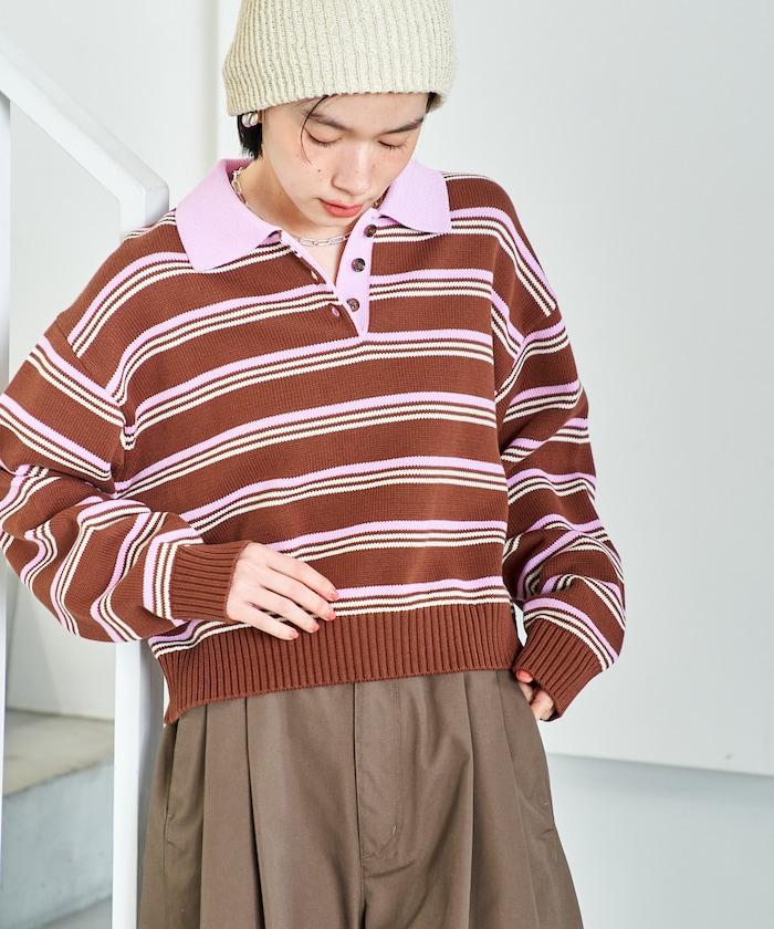 Polo領 條紋 短款 針織上衣