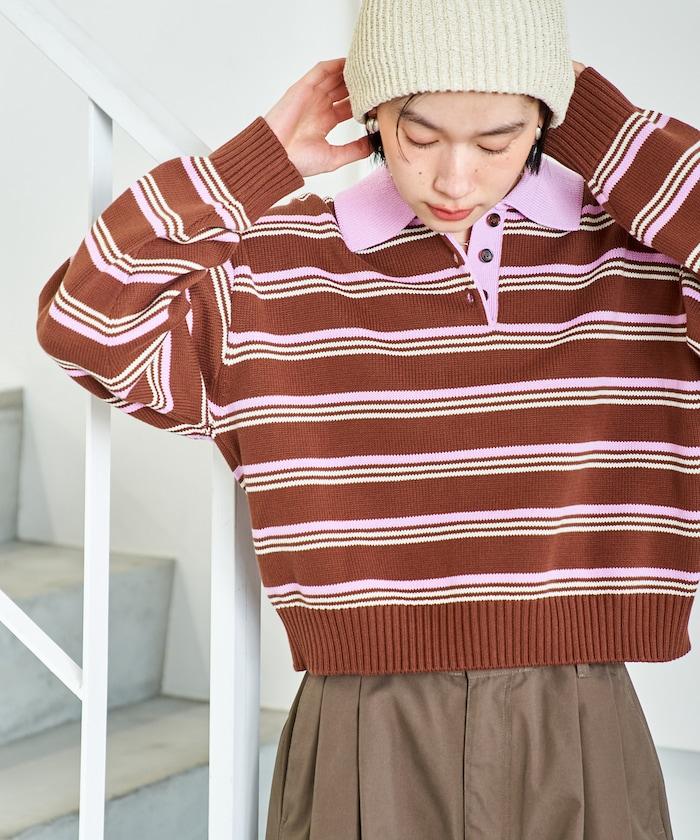 Polo領 條紋 短款 針織上衣