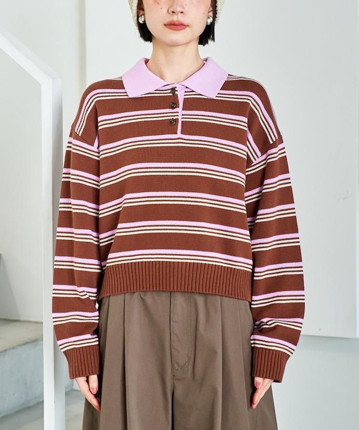 Polo領 條紋 短款 針織上衣