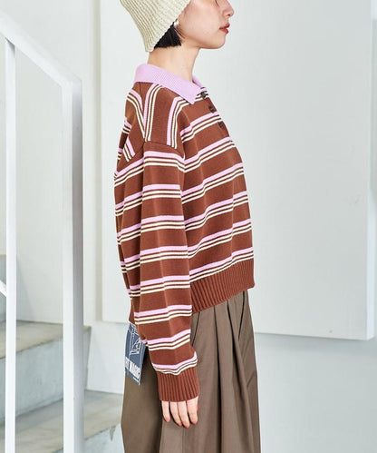 Polo領 條紋 短款 針織上衣