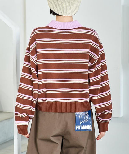 Polo領 條紋 短款 針織上衣