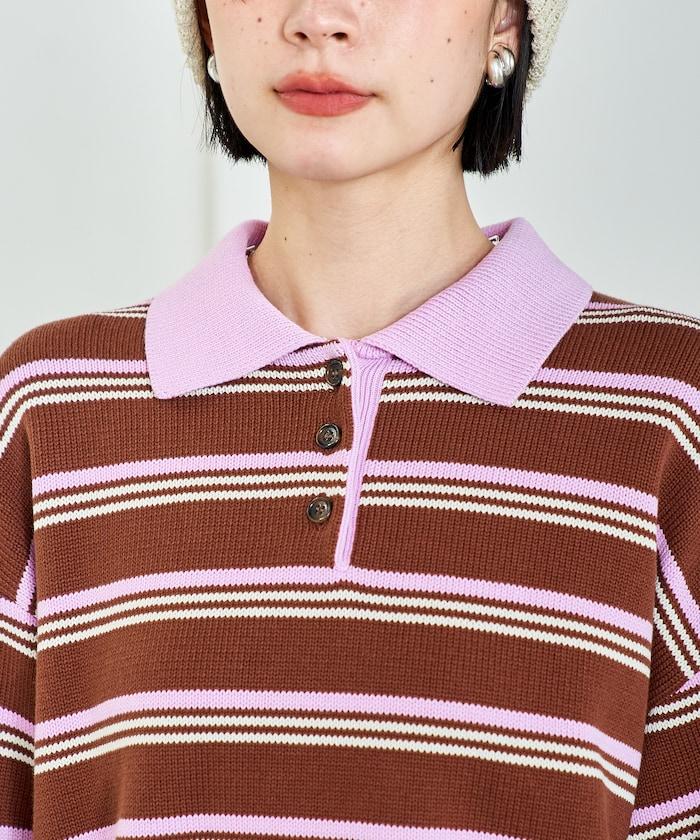 Polo領 條紋 短款 針織上衣