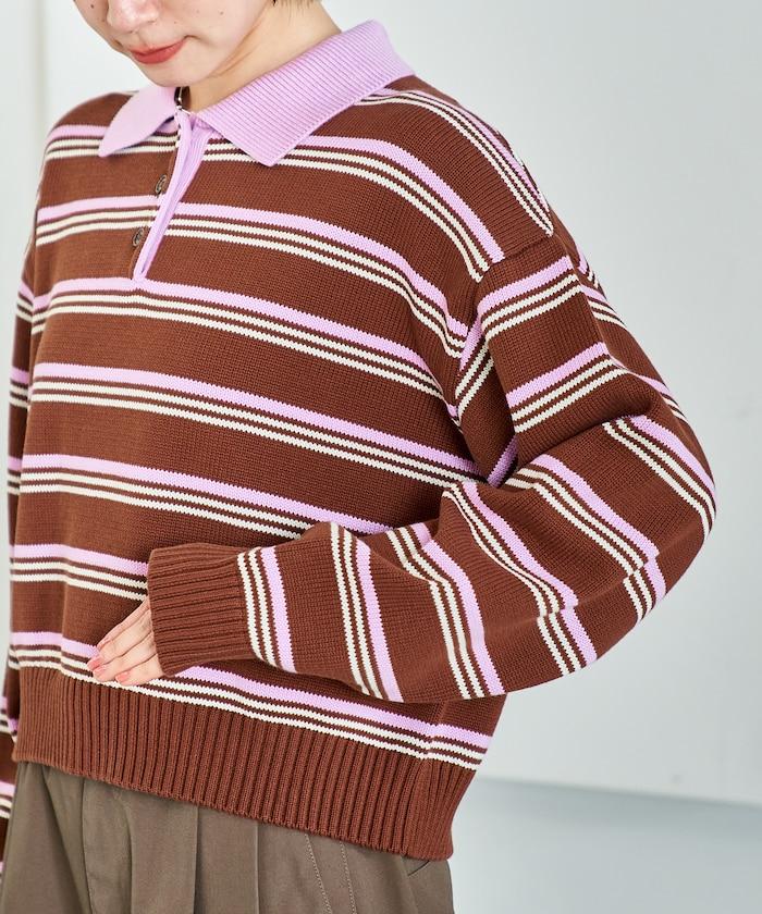 Polo領 條紋 短款 針織上衣