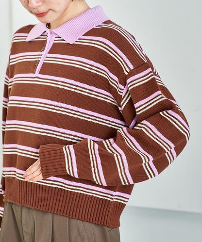 Polo領 條紋 短款 針織上衣