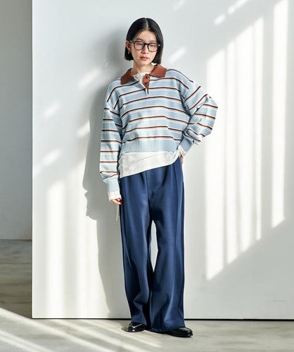 Polo領 條紋 短款 針織上衣