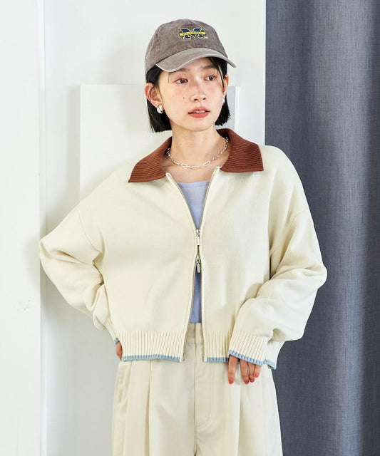 POLO領拼色拉鍊 生物水洗加工針織開衫