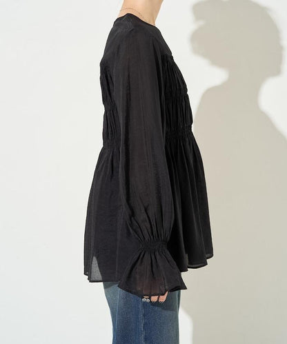 透膚褶皺荷葉袖長袖襯衫