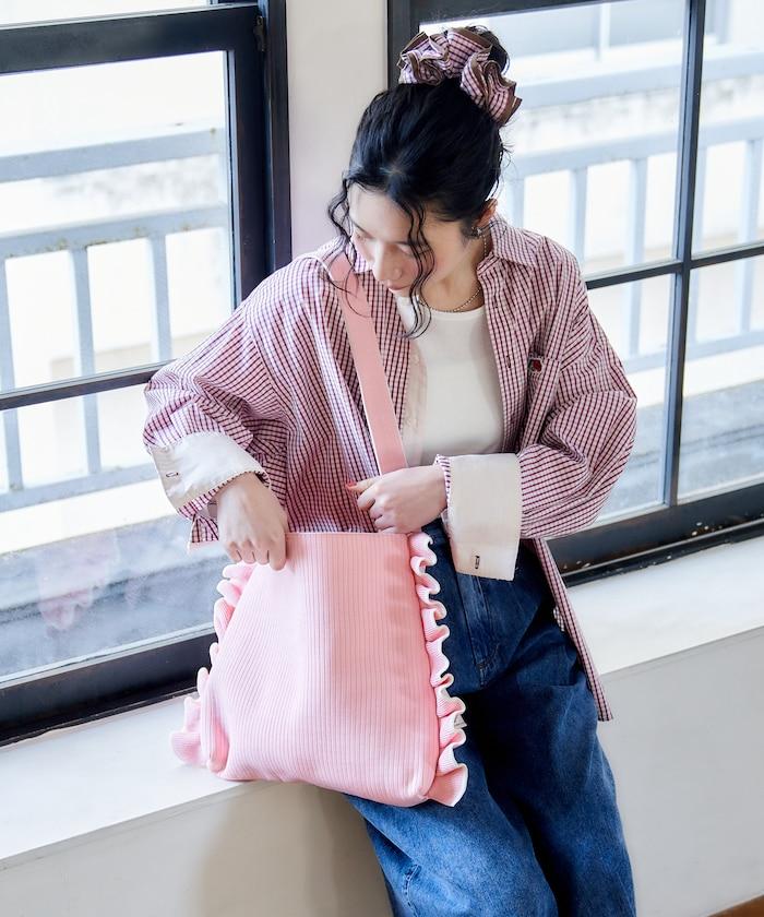 配色 單肩 荷葉邊 針織 單肩包