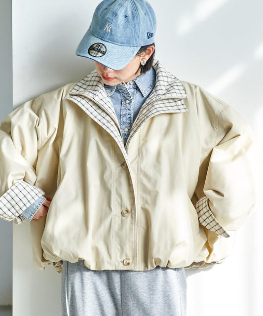 撞色格紋雙層領氣球廓形大衣