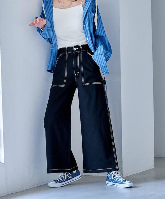 工裝口袋設計 闊腿 棉質 闊腿褲