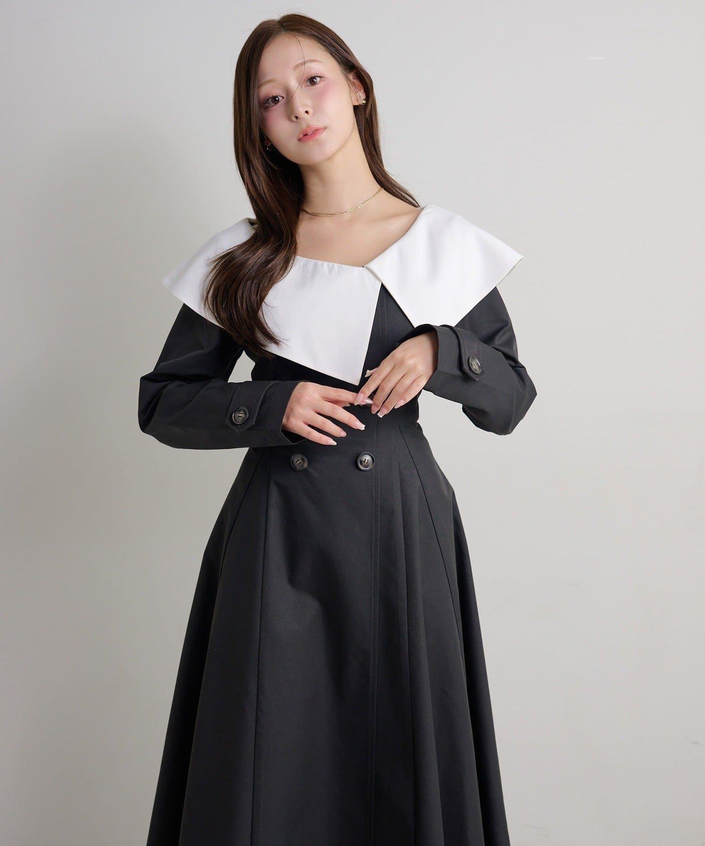 大翻領 長款 連衣裙