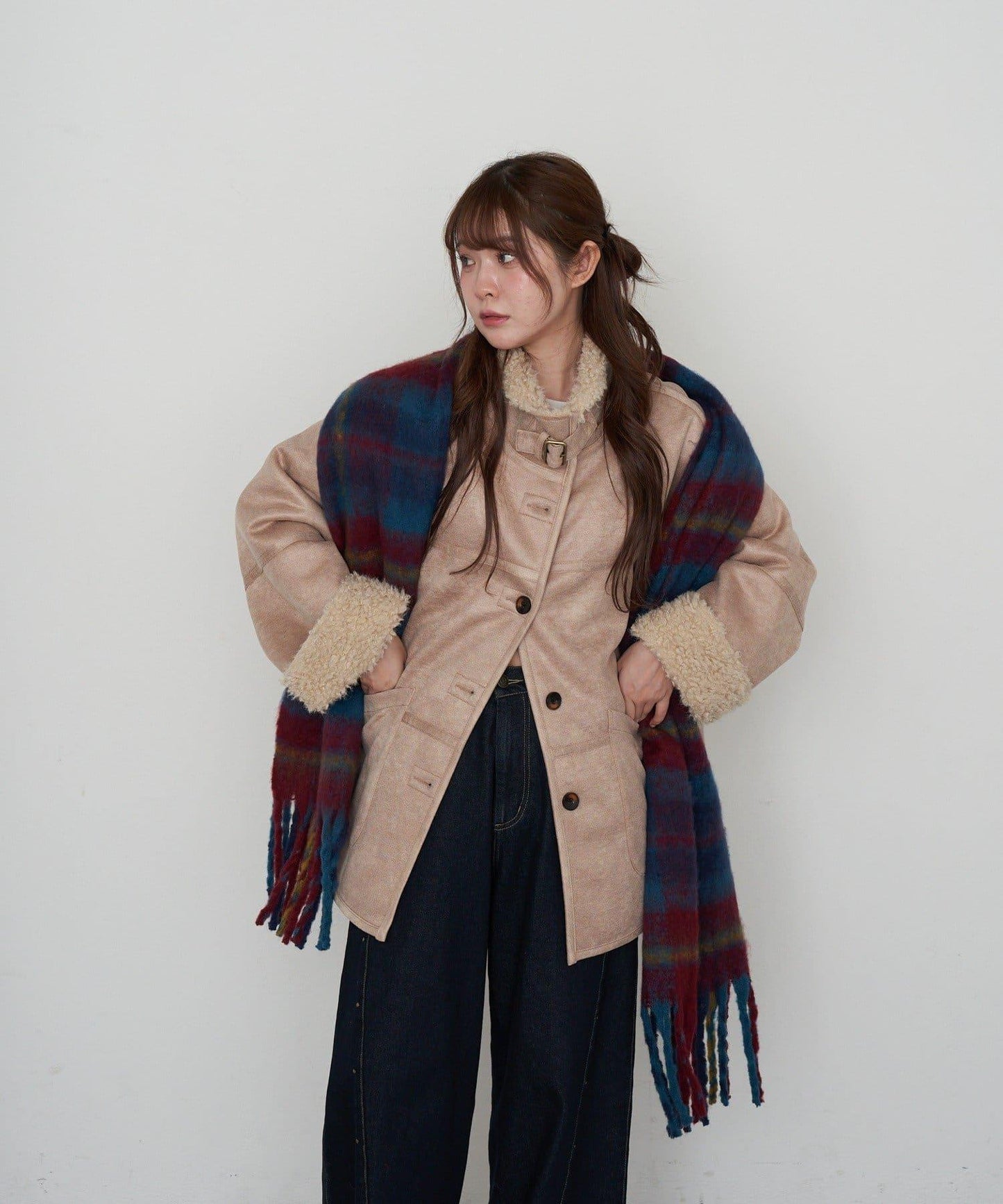 RAY CASSIN 大格紋寬幅圍巾