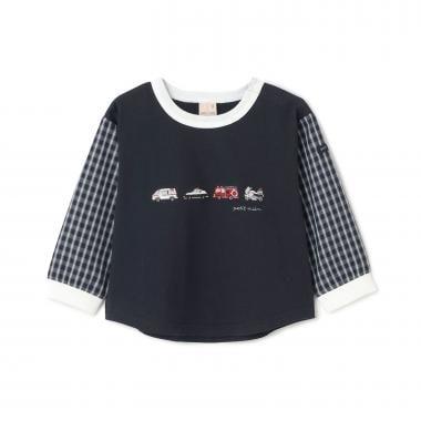工作車輛圖案 袖部布帛拼接 長袖T恤
