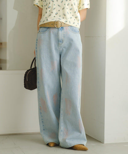 腰部可調節 噴染效果 闊腿 牛仔面料 牛仔褲