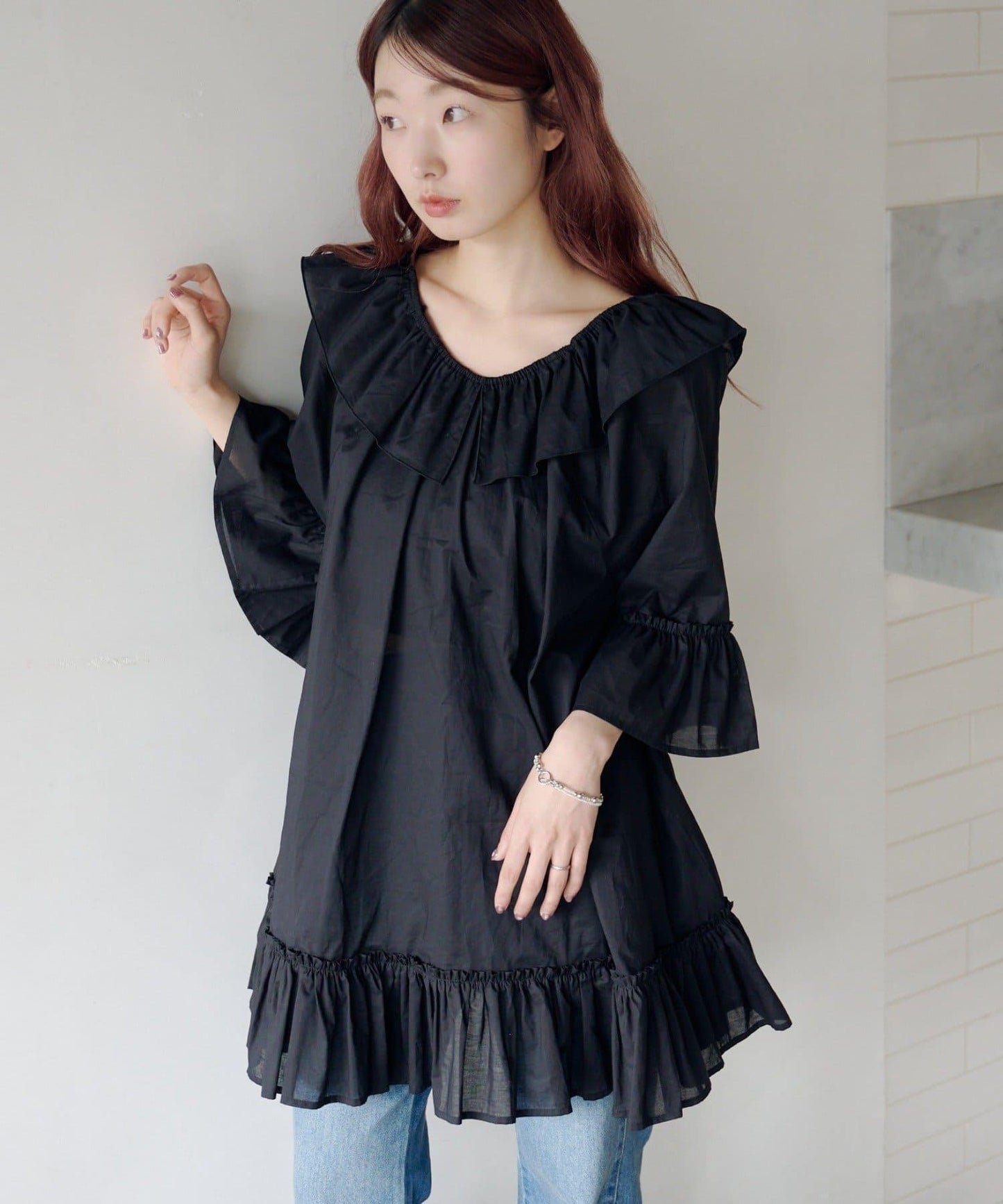 蝴蝶荷葉邊寬鬆長款上衣