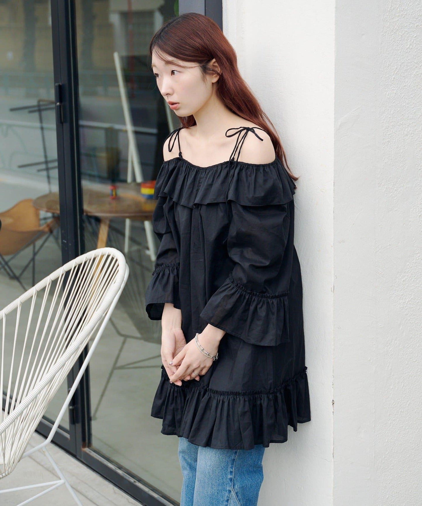 蝴蝶荷葉邊寬鬆長款上衣