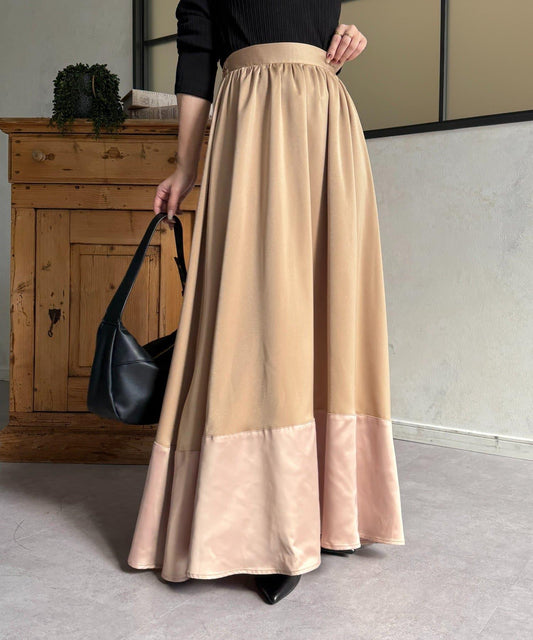 下襬拼接 抽褶傘擺 啞光緞面 半身裙