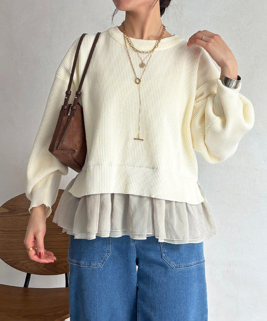 下襬蕾絲設計 針織層次感套頭衫