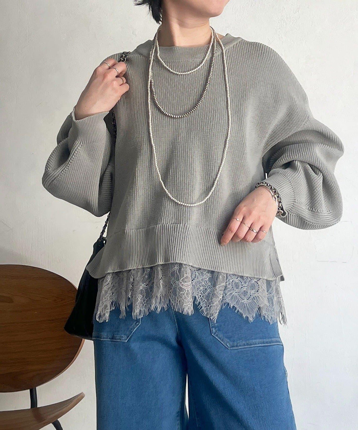 下襬蕾絲設計 針織層次感套頭衫