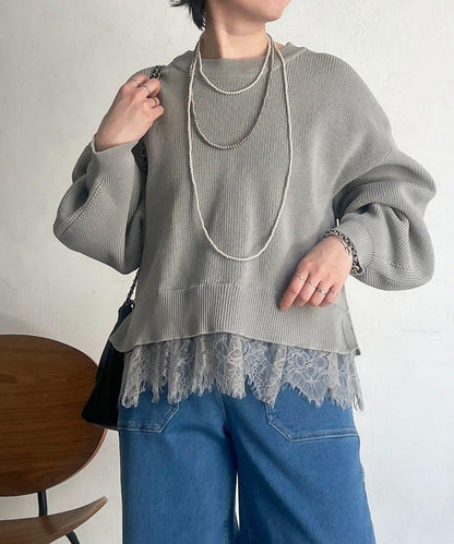 下襬蕾絲設計 針織層次感套頭衫