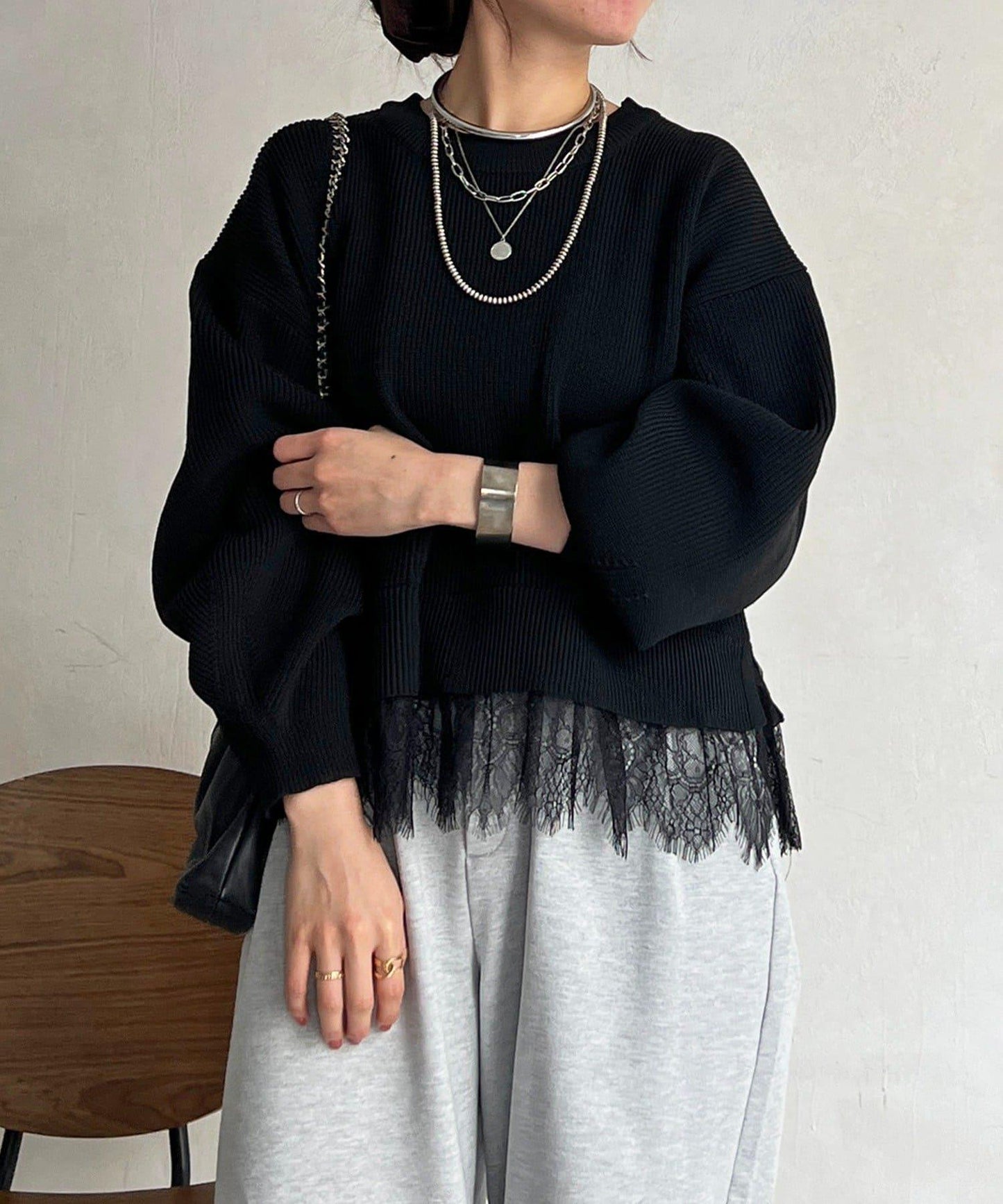 下襬蕾絲設計 針織層次感套頭衫