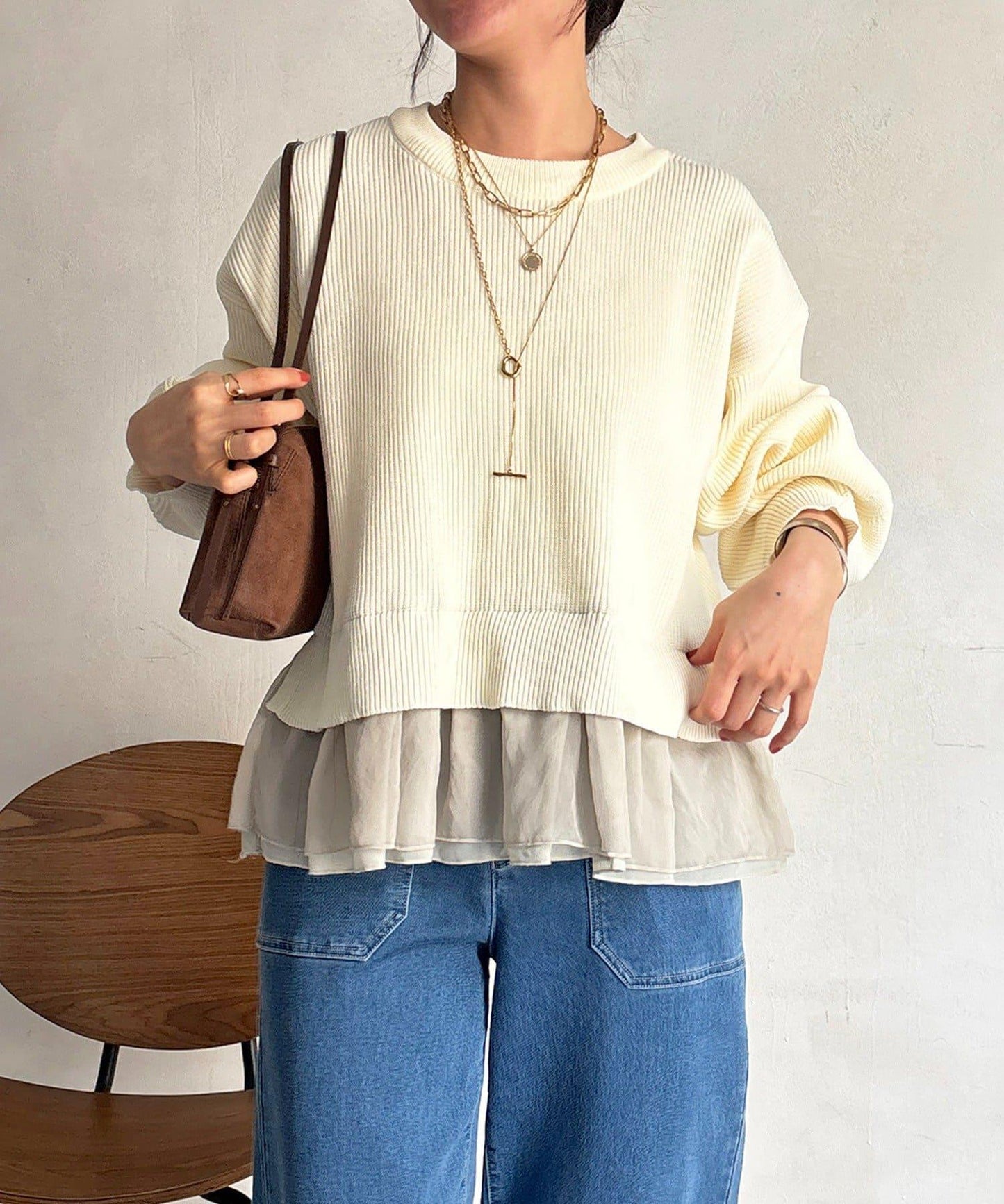 下襬蕾絲設計 針織層次感套頭衫