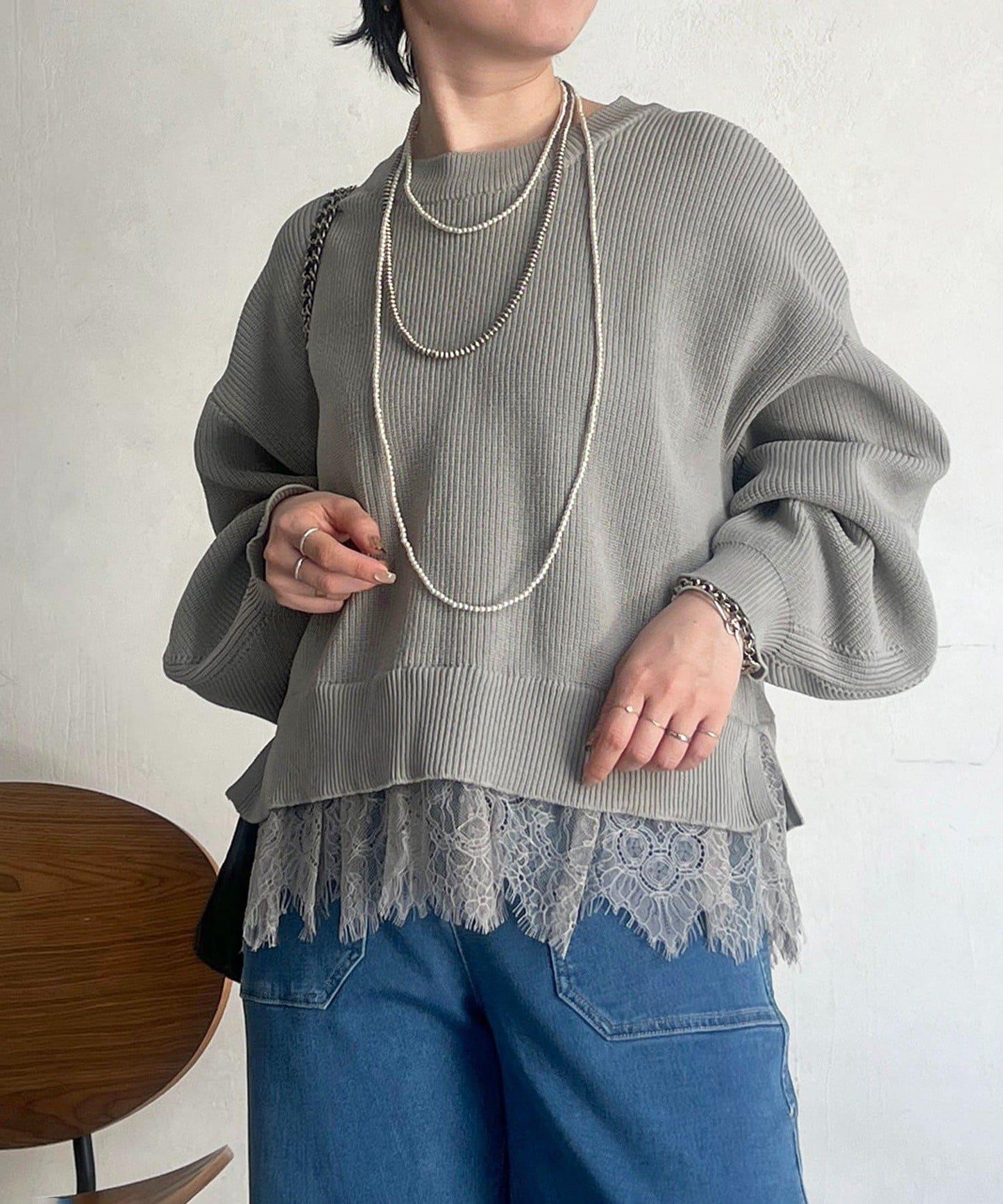 下襬蕾絲設計 針織層次感套頭衫