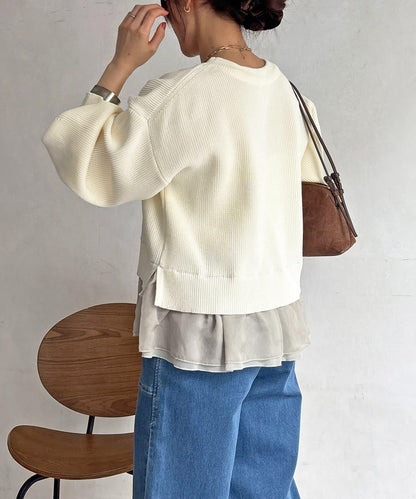 下襬蕾絲設計 針織層次感套頭衫