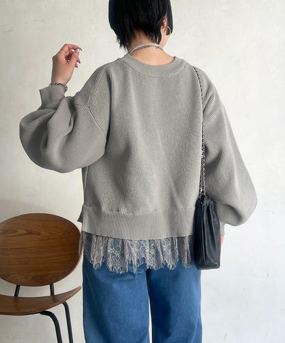 下襬蕾絲設計 針織層次感套頭衫