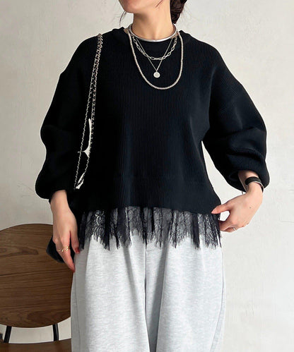 下襬蕾絲設計 針織層次感套頭衫
