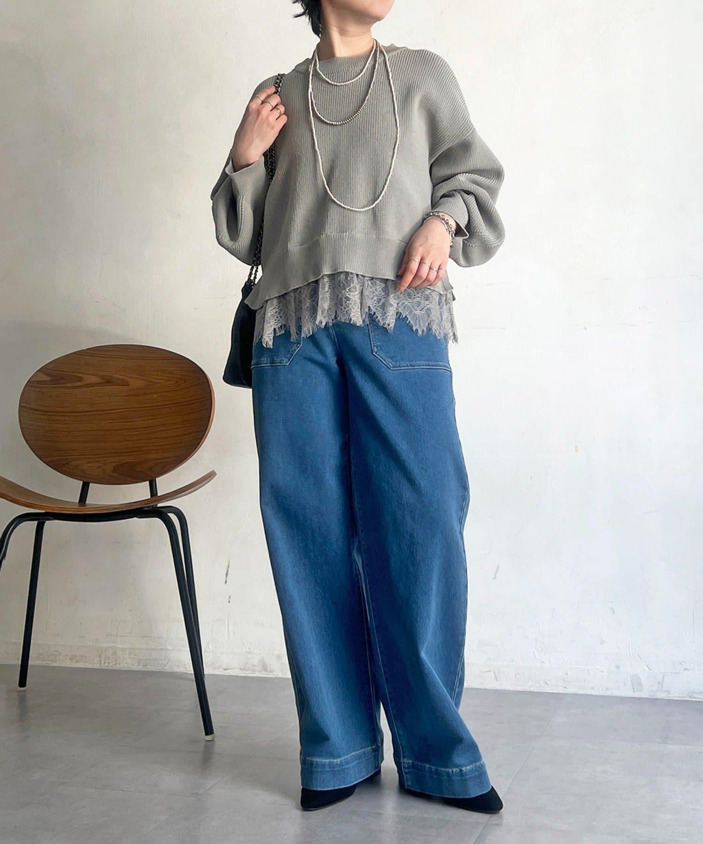 下襬蕾絲設計 針織層次感套頭衫