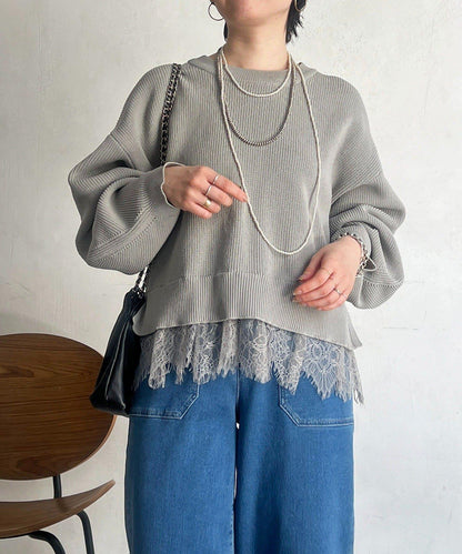 下襬蕾絲設計 針織層次感套頭衫