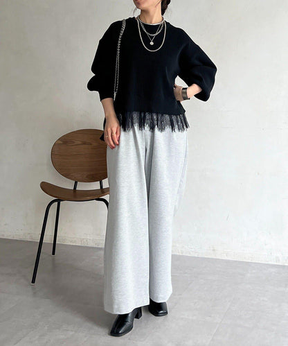 下襬蕾絲設計 針織層次感套頭衫