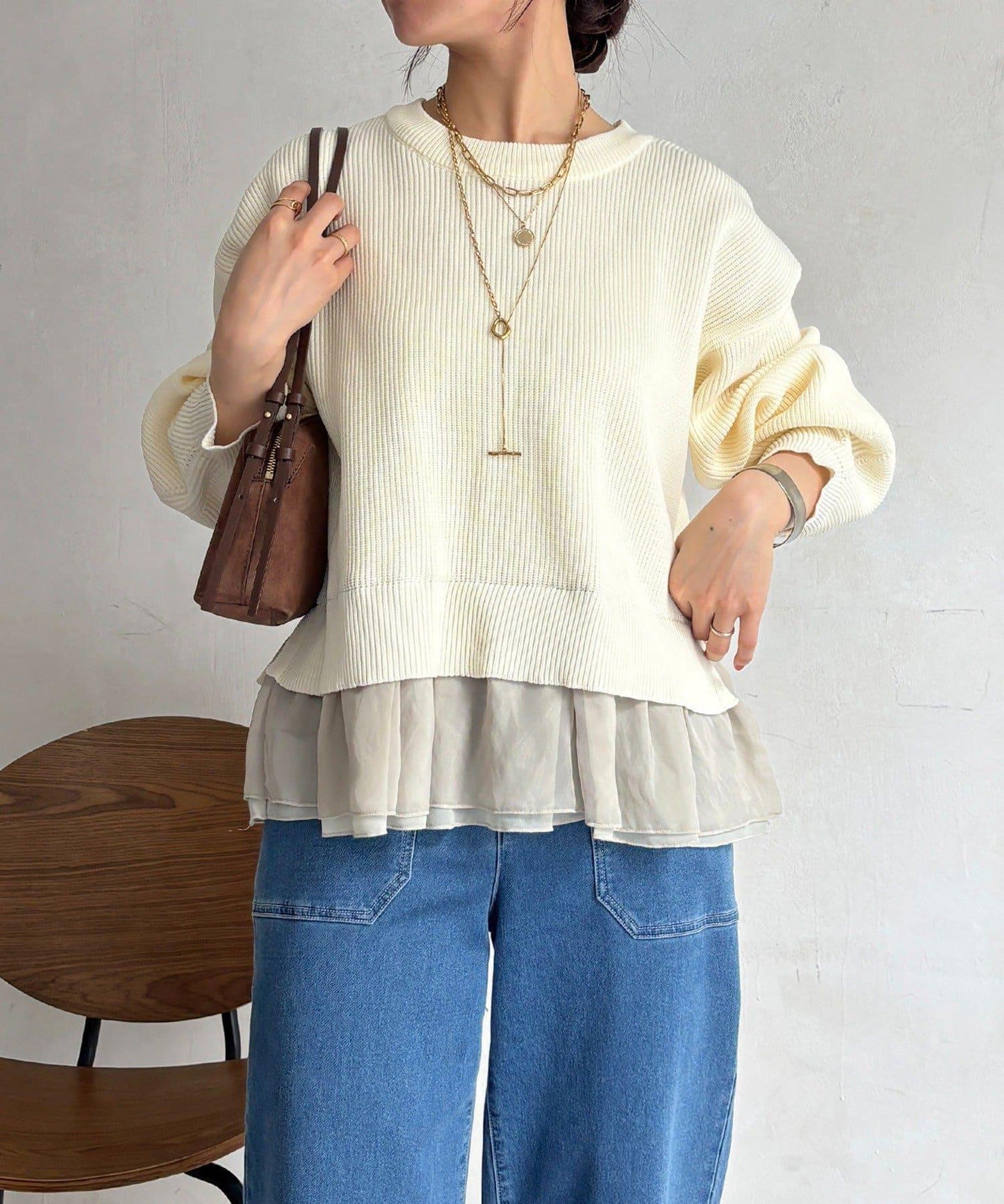 下襬蕾絲設計 針織層次感套頭衫