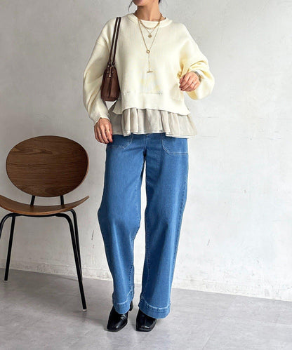 下襬蕾絲設計 針織層次感套頭衫