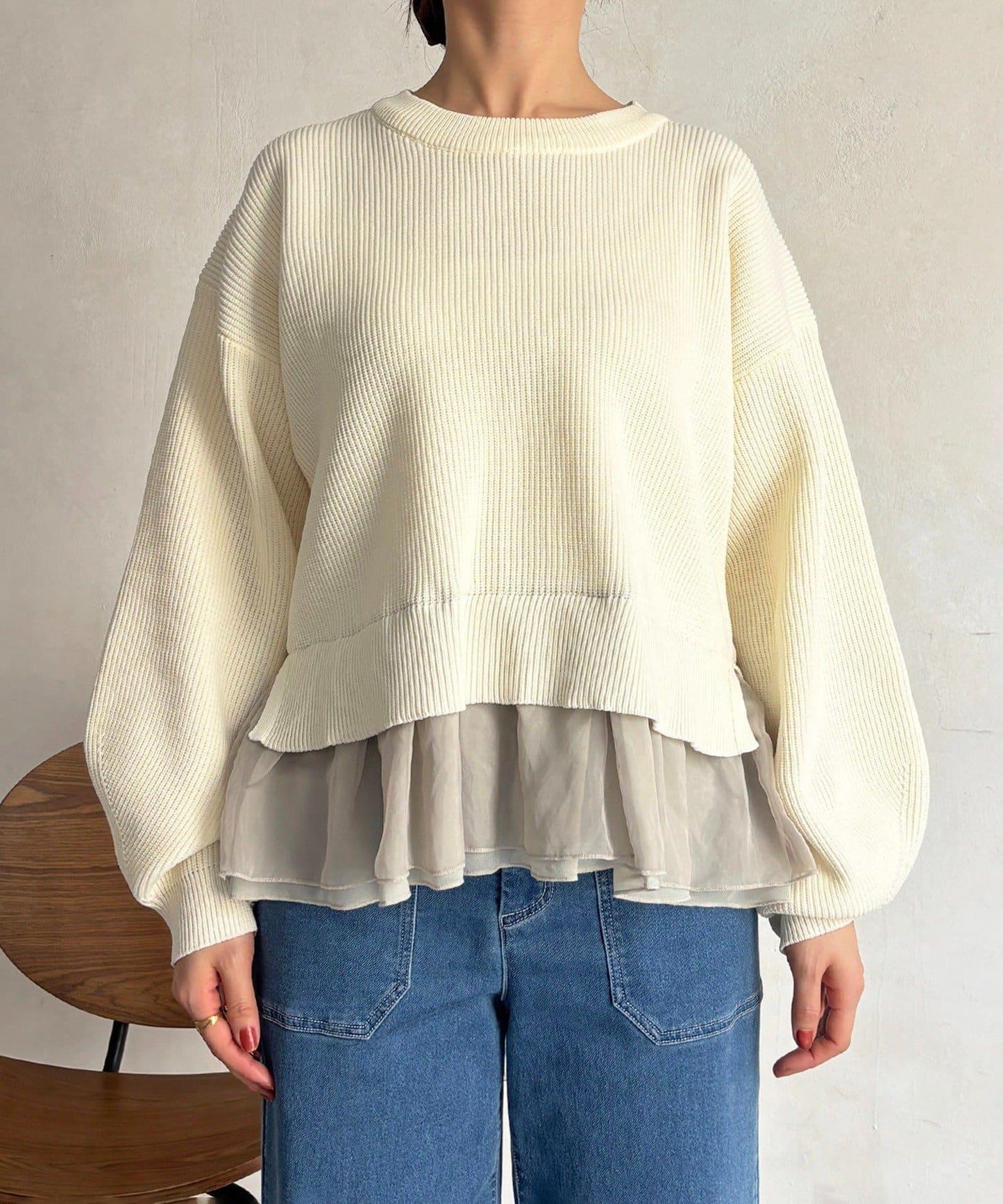 下襬蕾絲設計 針織層次感套頭衫