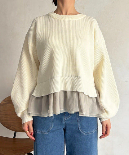 下襬蕾絲設計 針織層次感套頭衫
