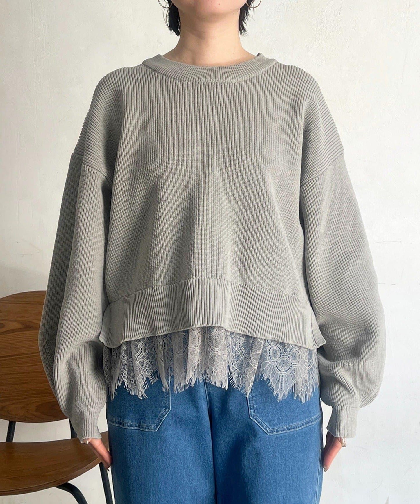 下襬蕾絲設計 針織層次感套頭衫