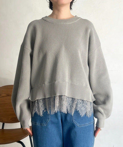 下襬蕾絲設計 針織層次感套頭衫