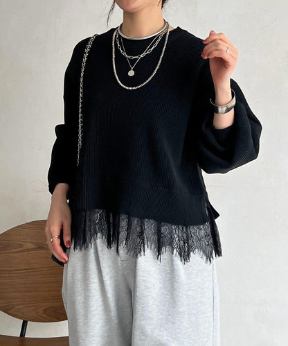 下襬蕾絲設計 針織層次感套頭衫