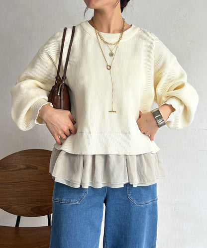 下襬蕾絲設計 針織層次感套頭衫